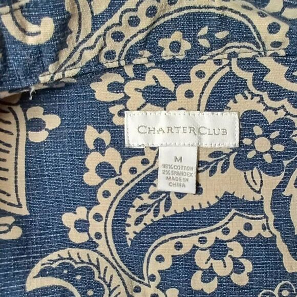 CHARTER CLUB Denim Jacket Blue White Floral Paisley Button Front Size M - Picture 6 of 9